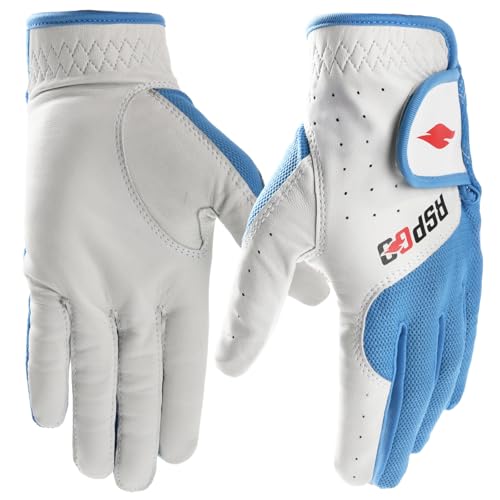 RSPGO Men's and Women's Single Pack Left - Handed Breathable Golf Gloves Crafted from All - Premium Soft Cabretta Leather for Enhanced Grip and Durability,Blue Medium